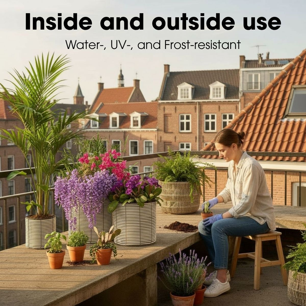 Une femme assise sur un balcon soigne des plantes en pot avec la ville en fond.