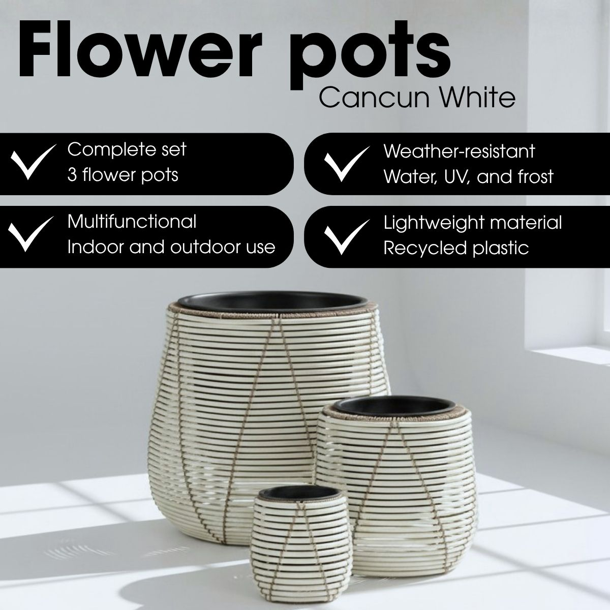 Ensemble de trois pots de fleurs blancs Cancun en plastique texturé sur fond lumineux.