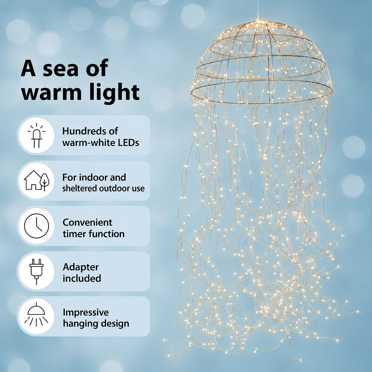 Eine hängende Lichterkette in Kuppelform mit warmweißen LEDs und Produktfeatures auf blauem Hintergrund.