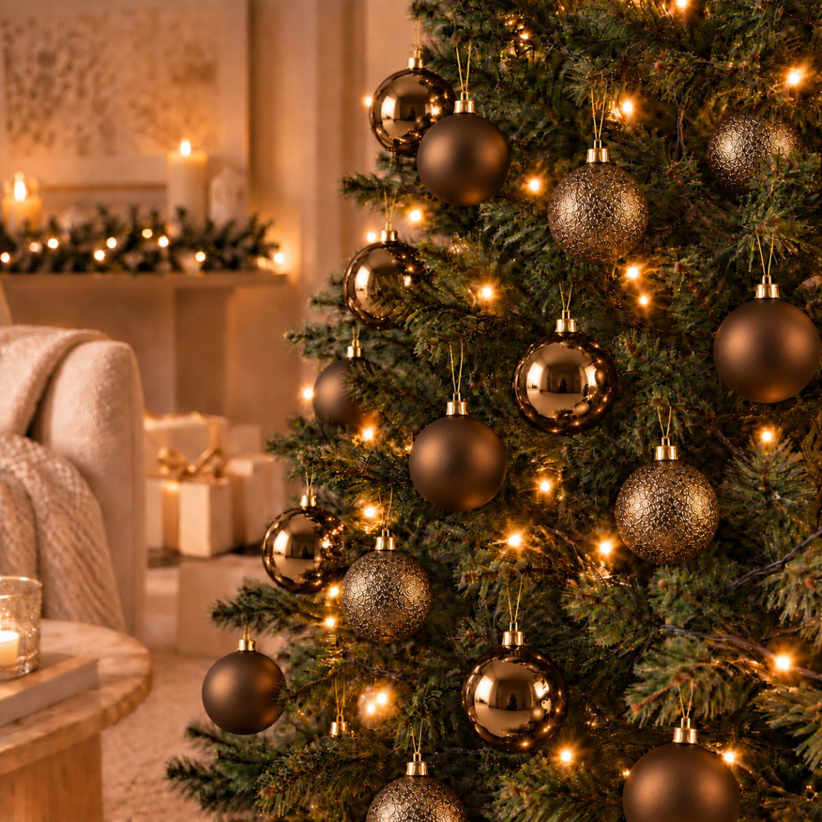 Un sapin de Noël décoré de boules bronze brillantes et mates et de guirlandes lumineuses dans une pièce chaleureuse.