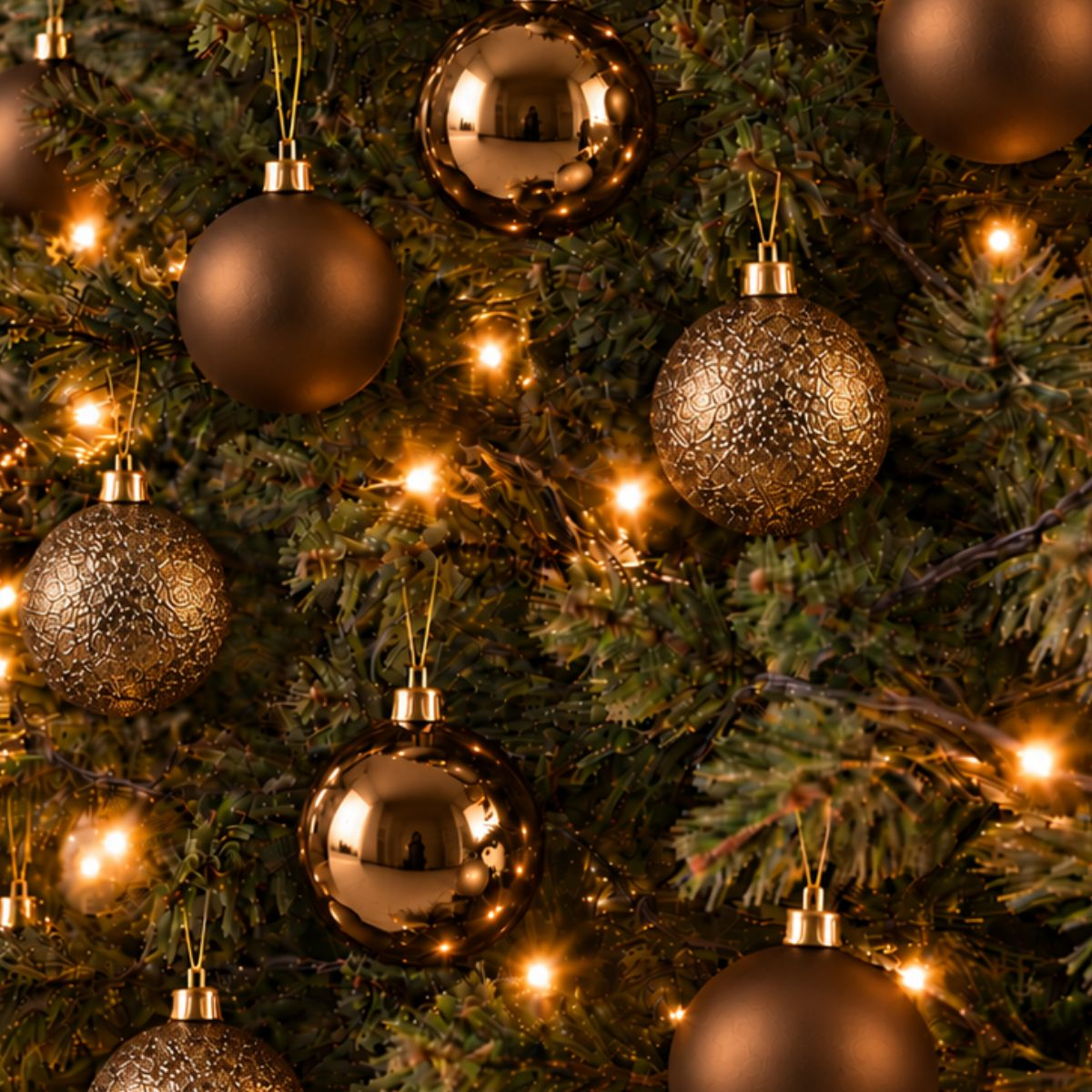 Des boules de Noël bronze brillantes et mates pendent sur un sapin de Noël décoré de lumières.