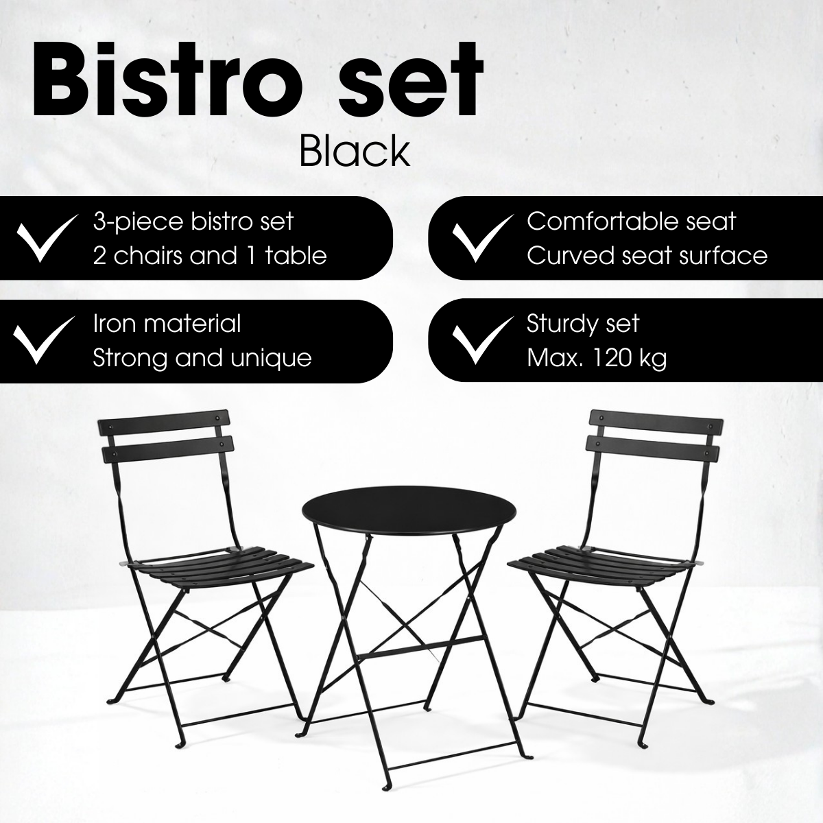Ein schwarzes 3-teiliges Bistro-Set mit zwei Klappstühlen und einem runden Tisch vor hellem Hintergrund.