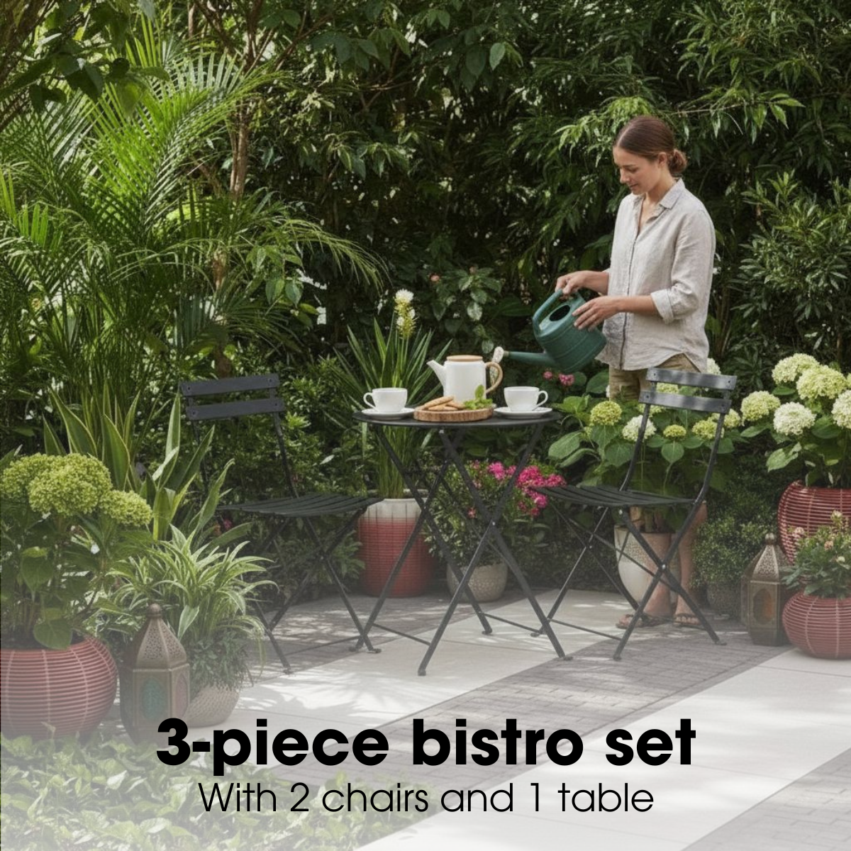 Eine Frau gießt Pflanzen in einem üppigen Garten mit einem Bistro-Set aus Tisch und zwei Stühlen.