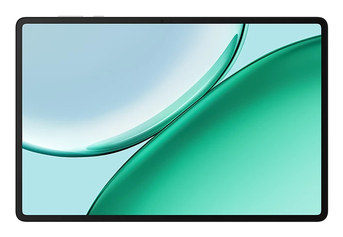 Ein Tablet mit einem hellblauen und grünen Kurvenmuster auf dem Bildschirm vor weißem Hintergrund.