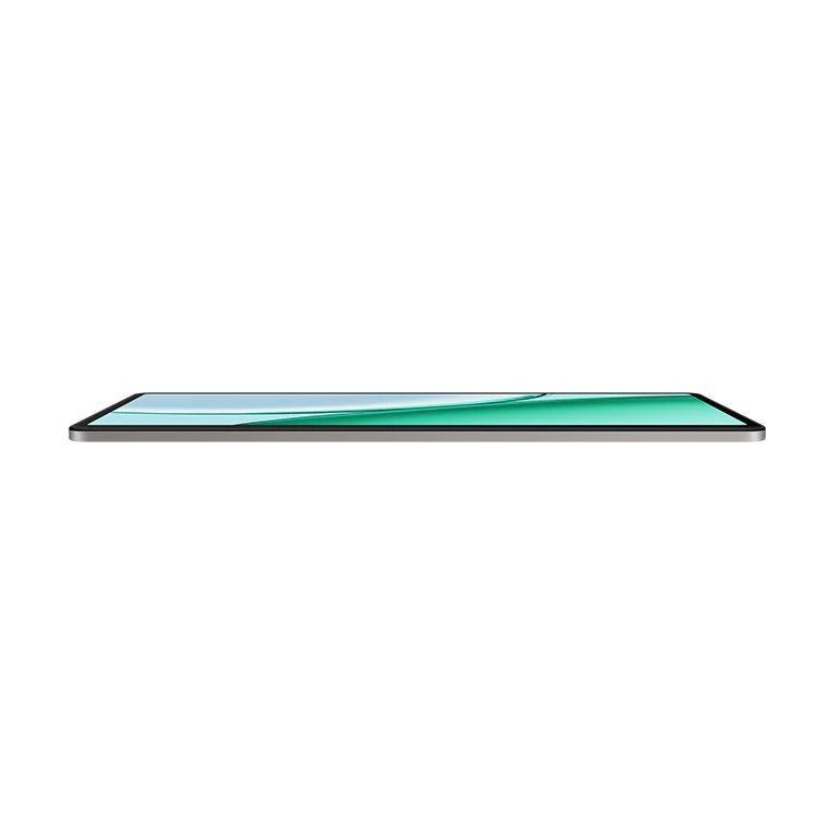 Seitenansicht eines schlanken Tablets mit leuchtend grünem Bildschirm auf weißem Hintergrund.