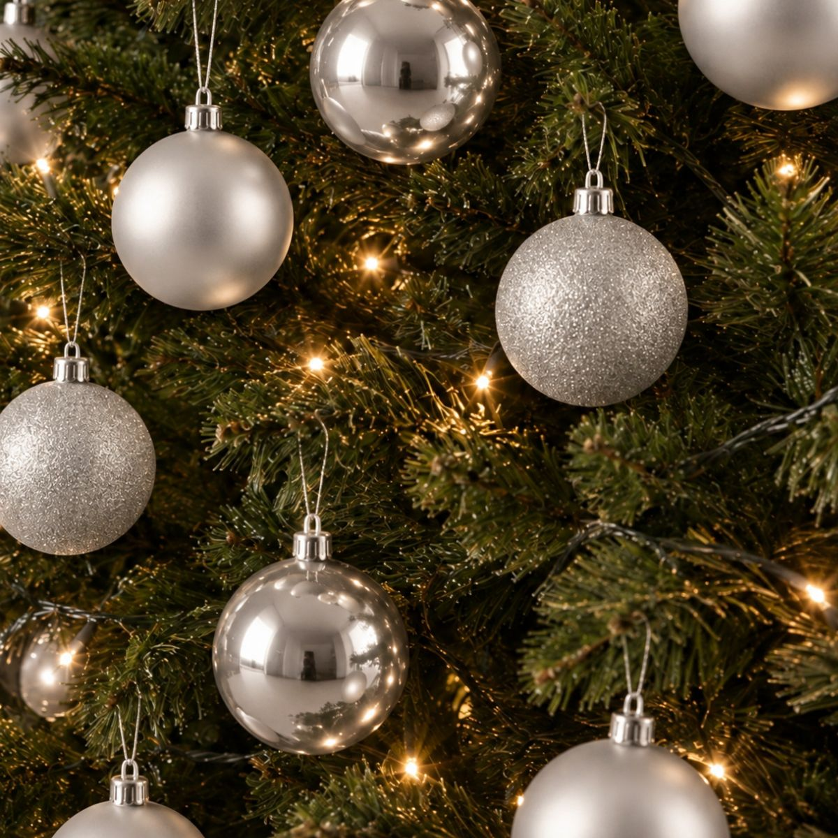 Des ornements de Noël argentés brillants et pailletés sont suspendus aux branches d'un sapin de Noël décoré de lumières.