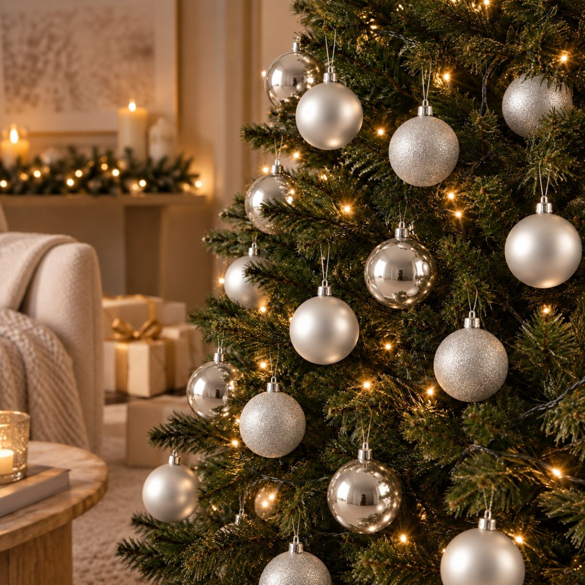 Un sapin de Noël décoré de boules argentées brillantes et de lumières chaudes dans un salon.