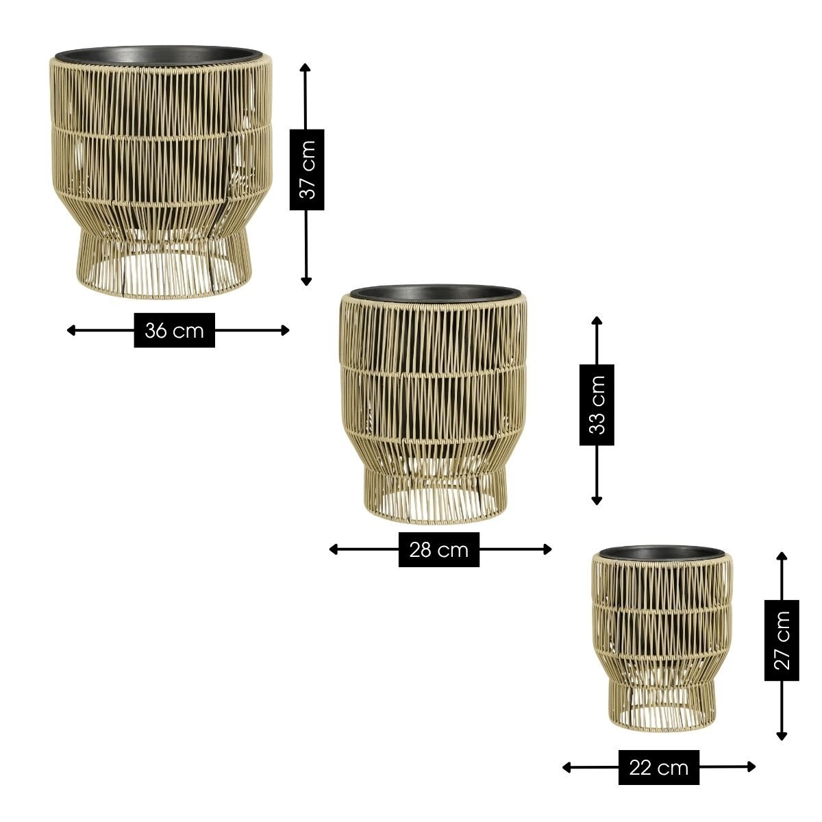 Trois pots de fleurs tissés beiges de différentes tailles avec des flèches de dimension sur fond blanc.