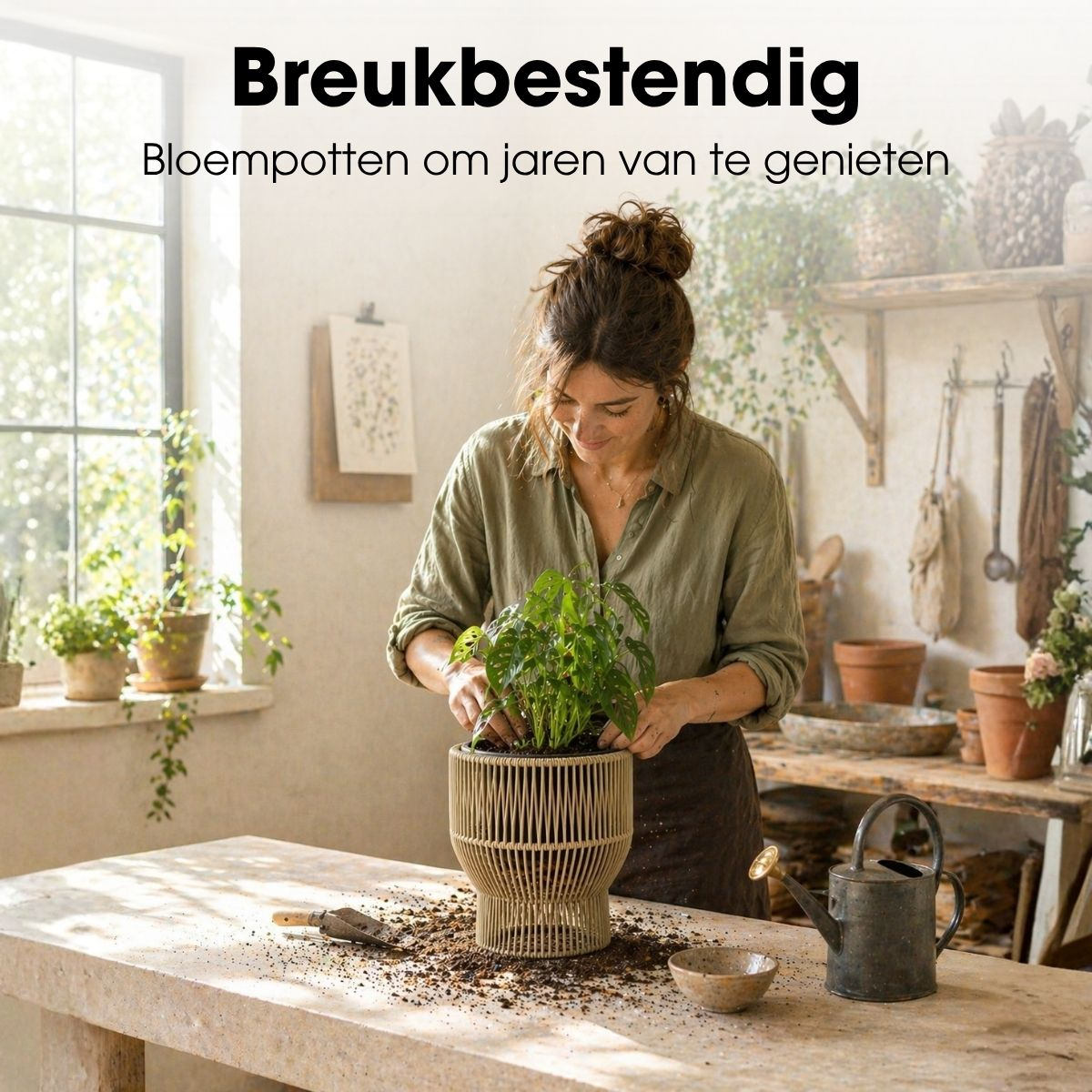 Une femme plante un petit monstera dans un pot beige sur une table en bois dans une pièce lumineuse.