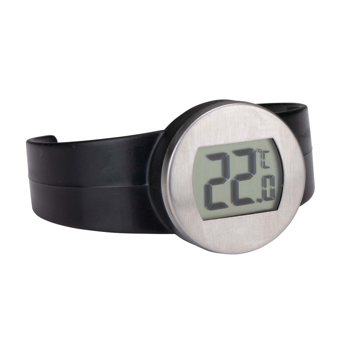 Ein schwarzes Armband mit einem runden silbernen Display, das 22,9 Grad Celsius anzeigt.