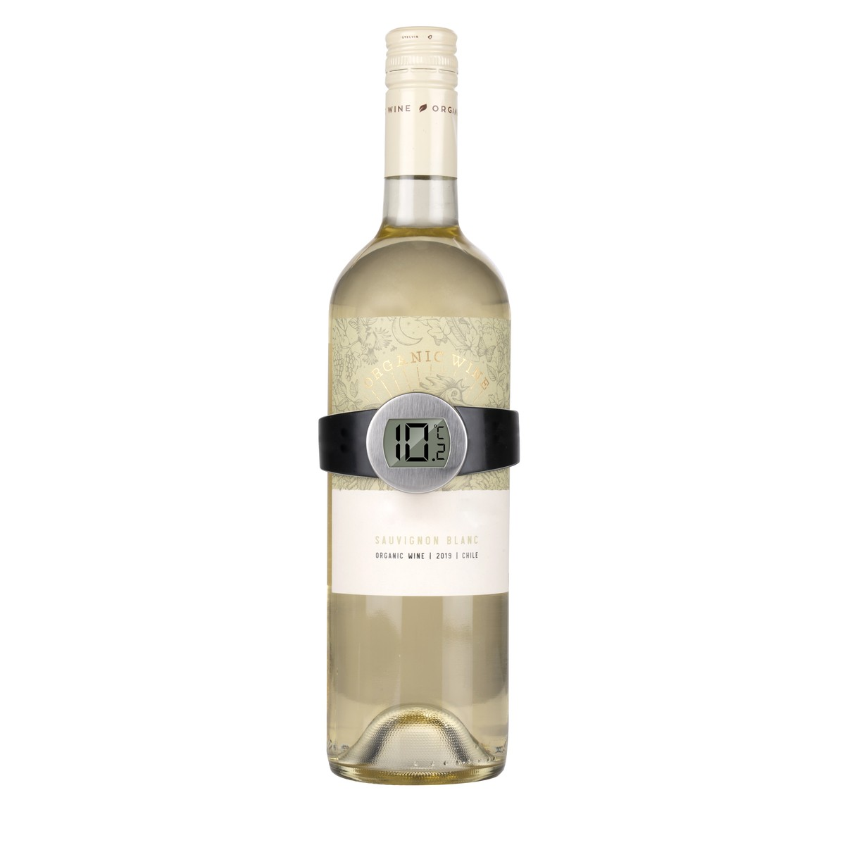Weißweinbzw. Flasche mit digitalem Thermometer.