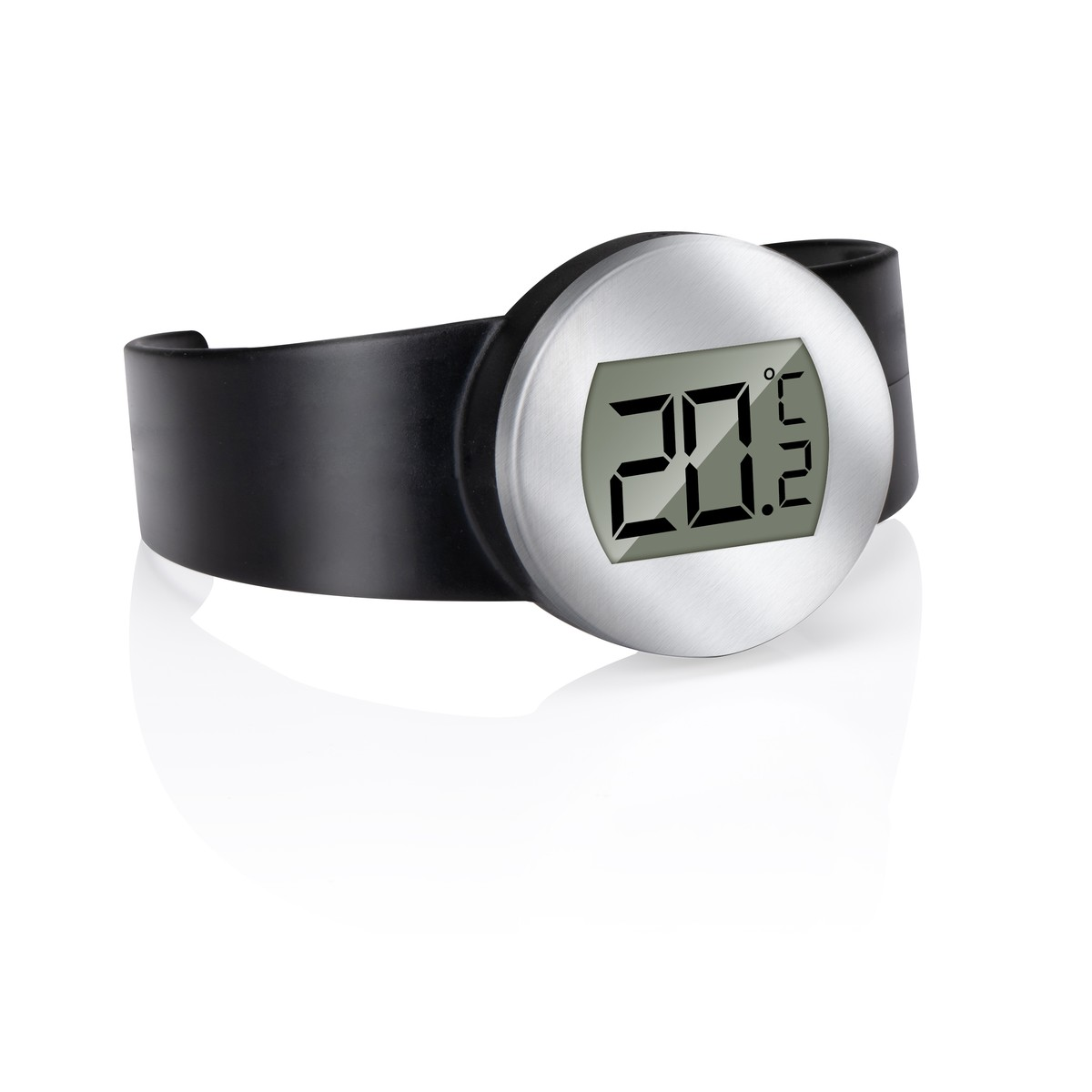 Ein digitaler Thermometer mit schwarzem Band und silberner runder Anzeige zeigt 20,5 Grad an.