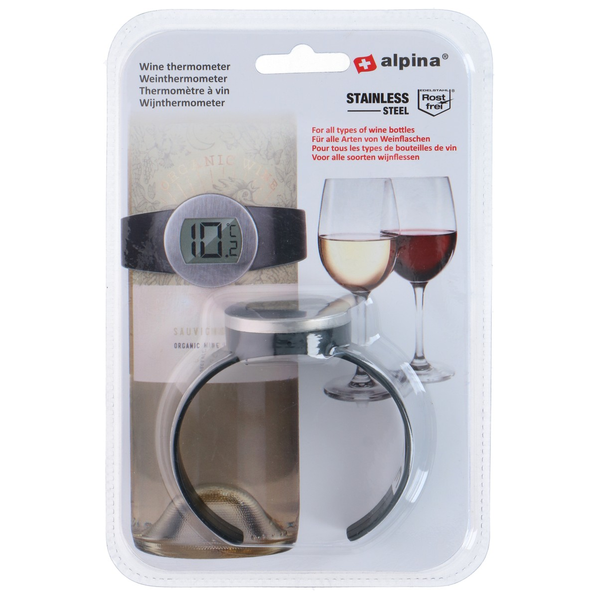 Alpina Weinthermometer in Blisterverpackung mit Edelstahl-Display, Flasche und zwei Gläsern.