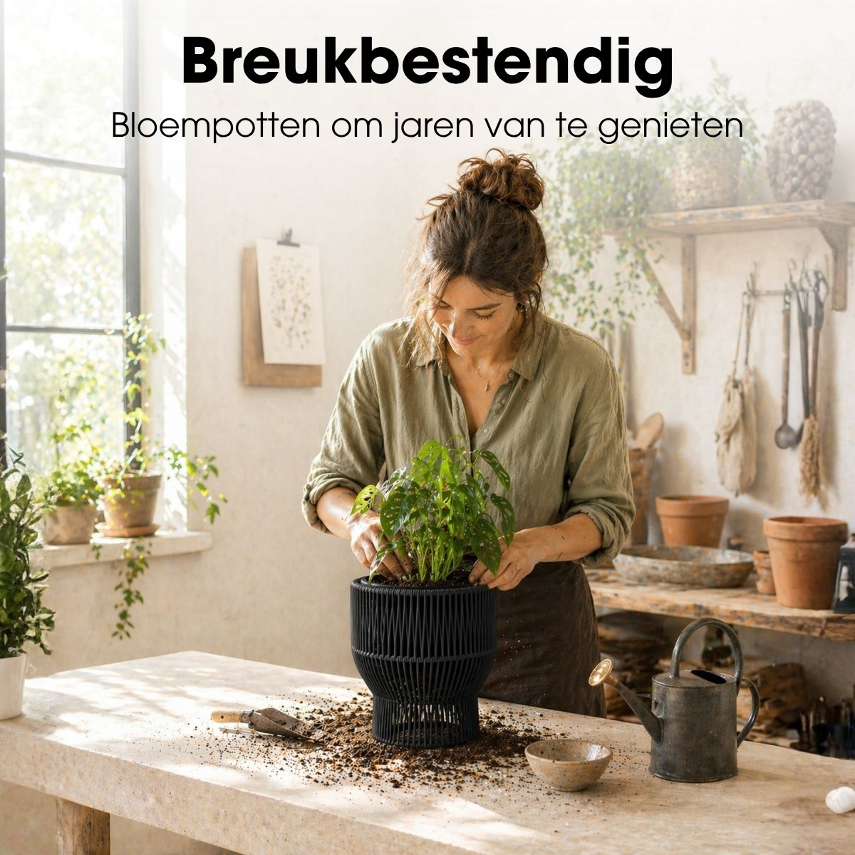 Une femme rempote une plante verte dans un pot noir sur une table en bois.