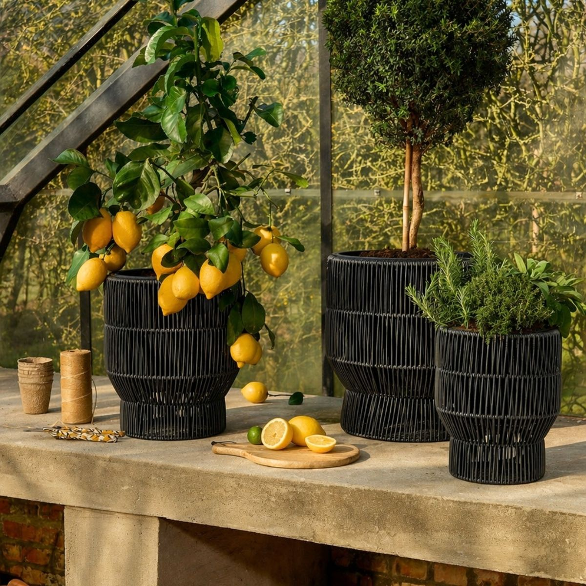 Trois pots noirs avec citronnier, topiaire et herbes sur table en pierre dans serre.