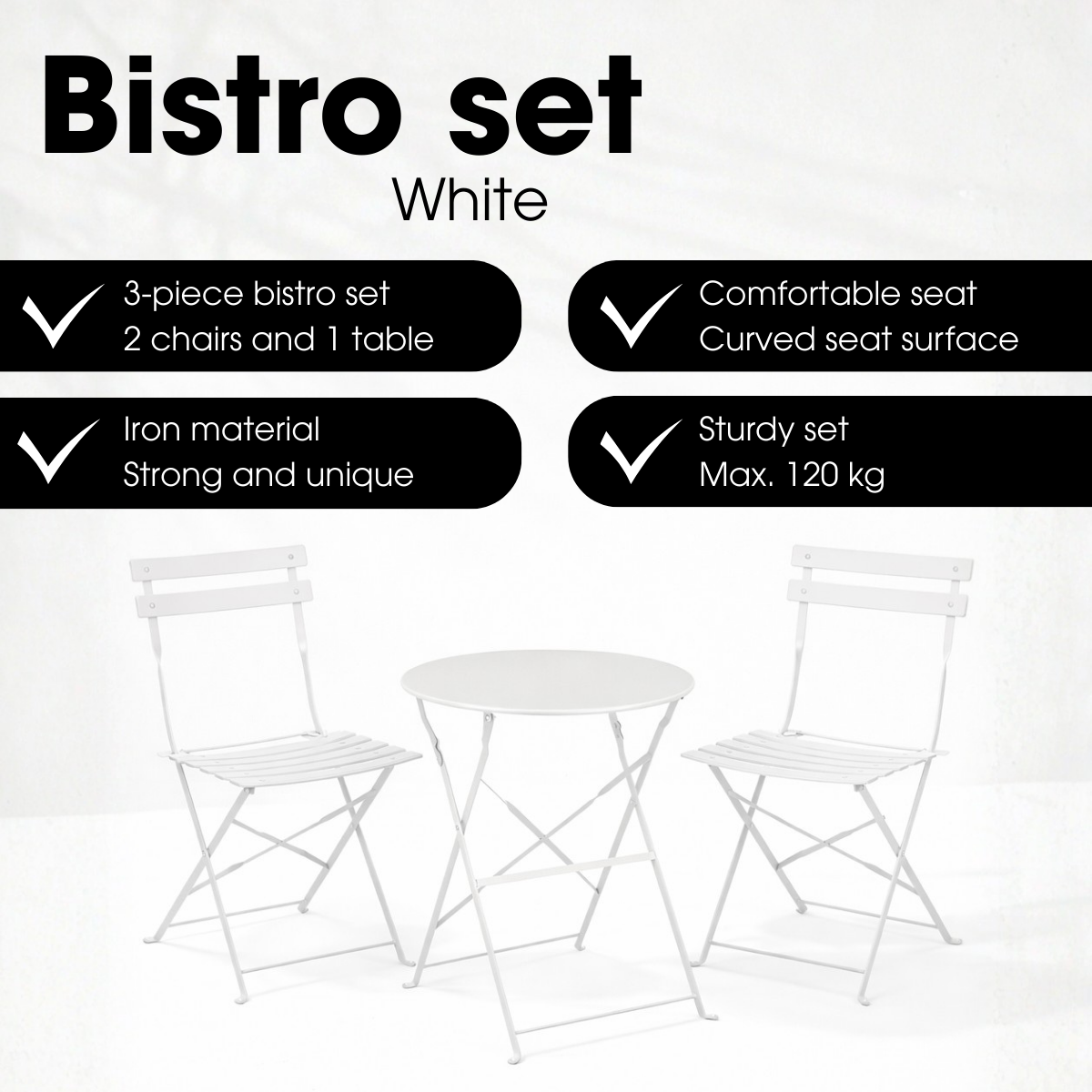 Weißes dreiteiliges Bistro-Set mit einem runden Tisch und zwei Stühlen aus Eisen mit Produktmerkmalen.