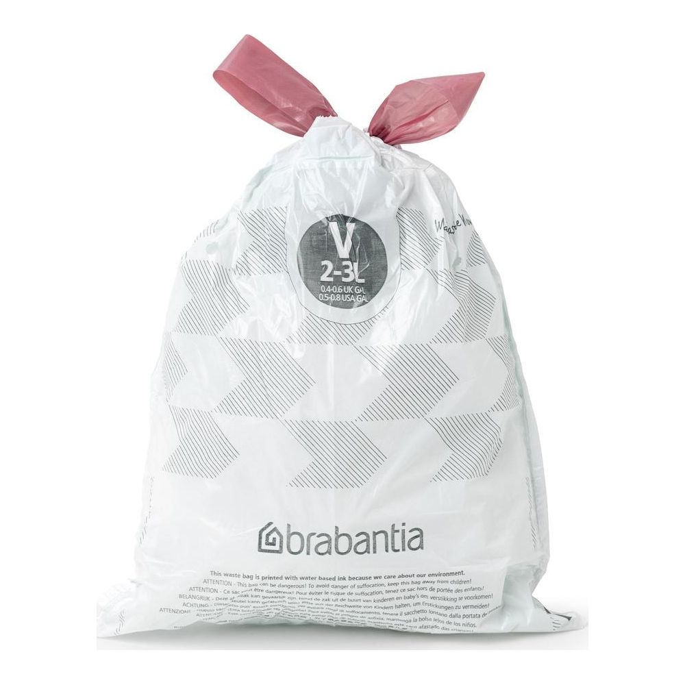 Ein weißer Brabantia Müllbeutel mit rosa Verschlussband und Warnhinweisen auf weißem Hintergrund.
