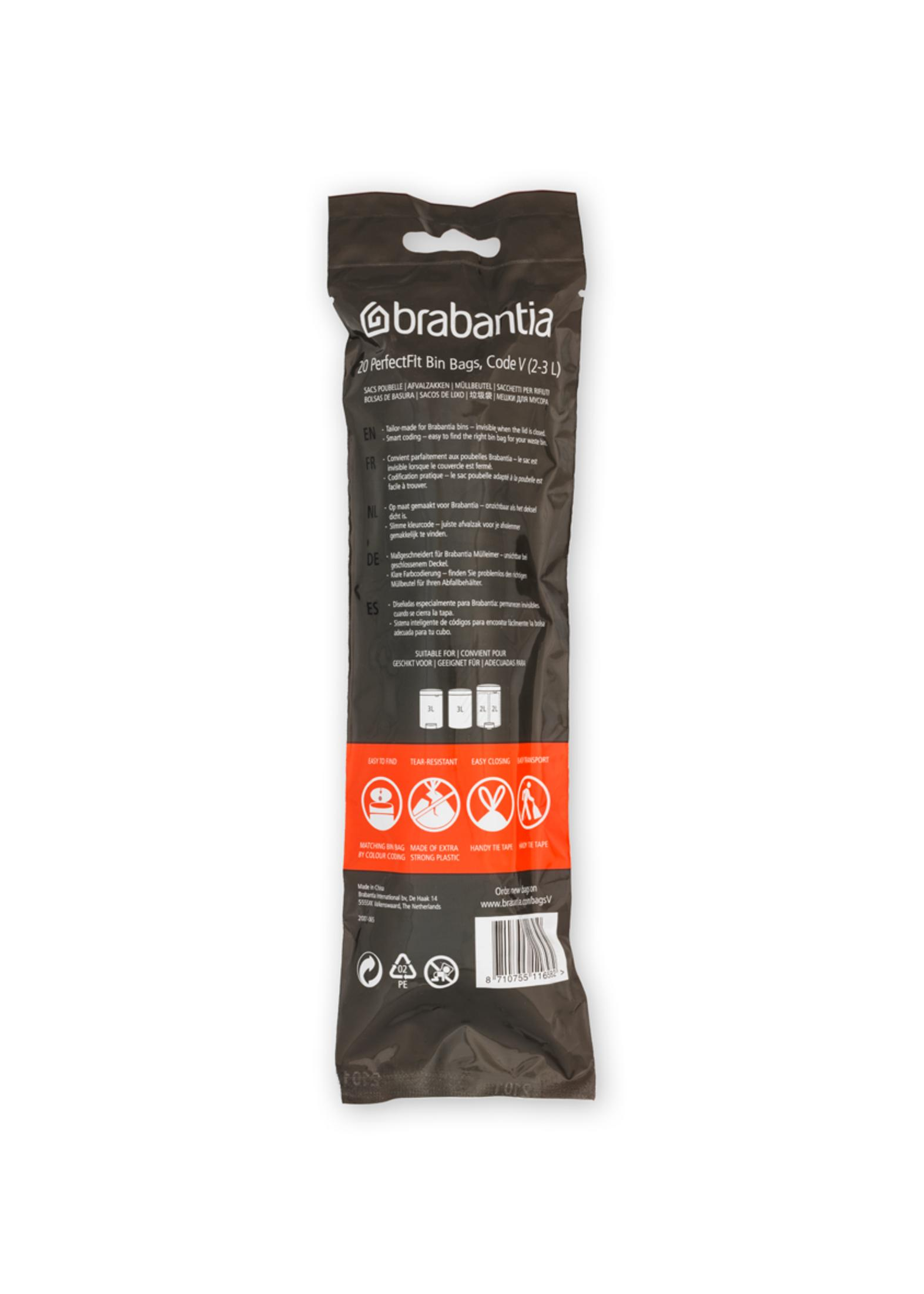 Brabantia PerfectFit Müllbeutel, Code V, 2-3 L, in einer braunen Verpackung mit schwarzen und roten Details.