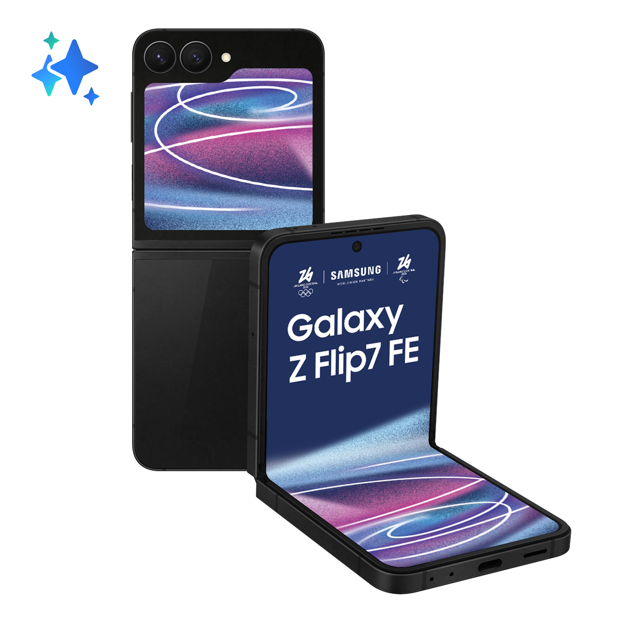 Zwei schwarze Samsung Galaxy Z Flip7 FE Foldable Smartphones in verschiedenen Positionen mit blauer Grafik auf dem Bildschirm.