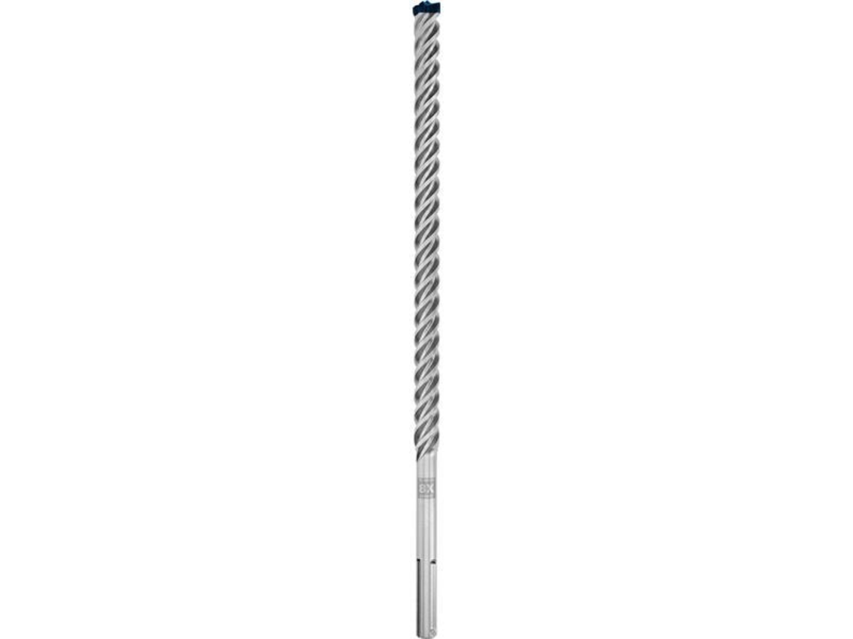 Langer, silberner SDS-Hammerbohrer mit spiralförmigem Design auf weißem Hintergrund.