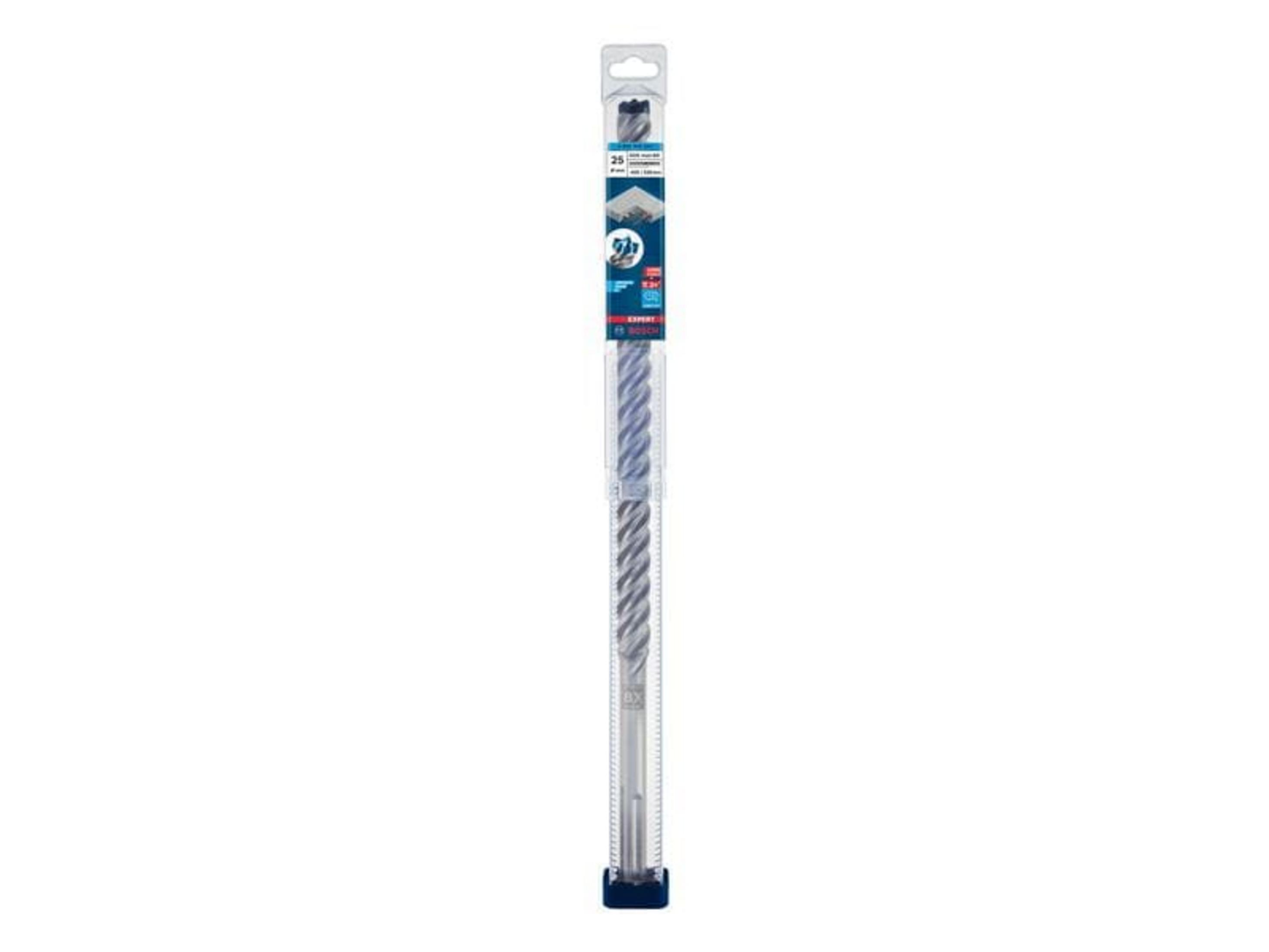 Ein langer Bohrer in transparenter Verpackung mit blauen Details.