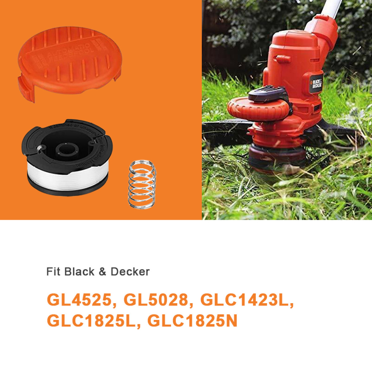 Ersatzspule und Kappe für Black & Decker Rasentrimmer mit kompatiblen Modellnummern.