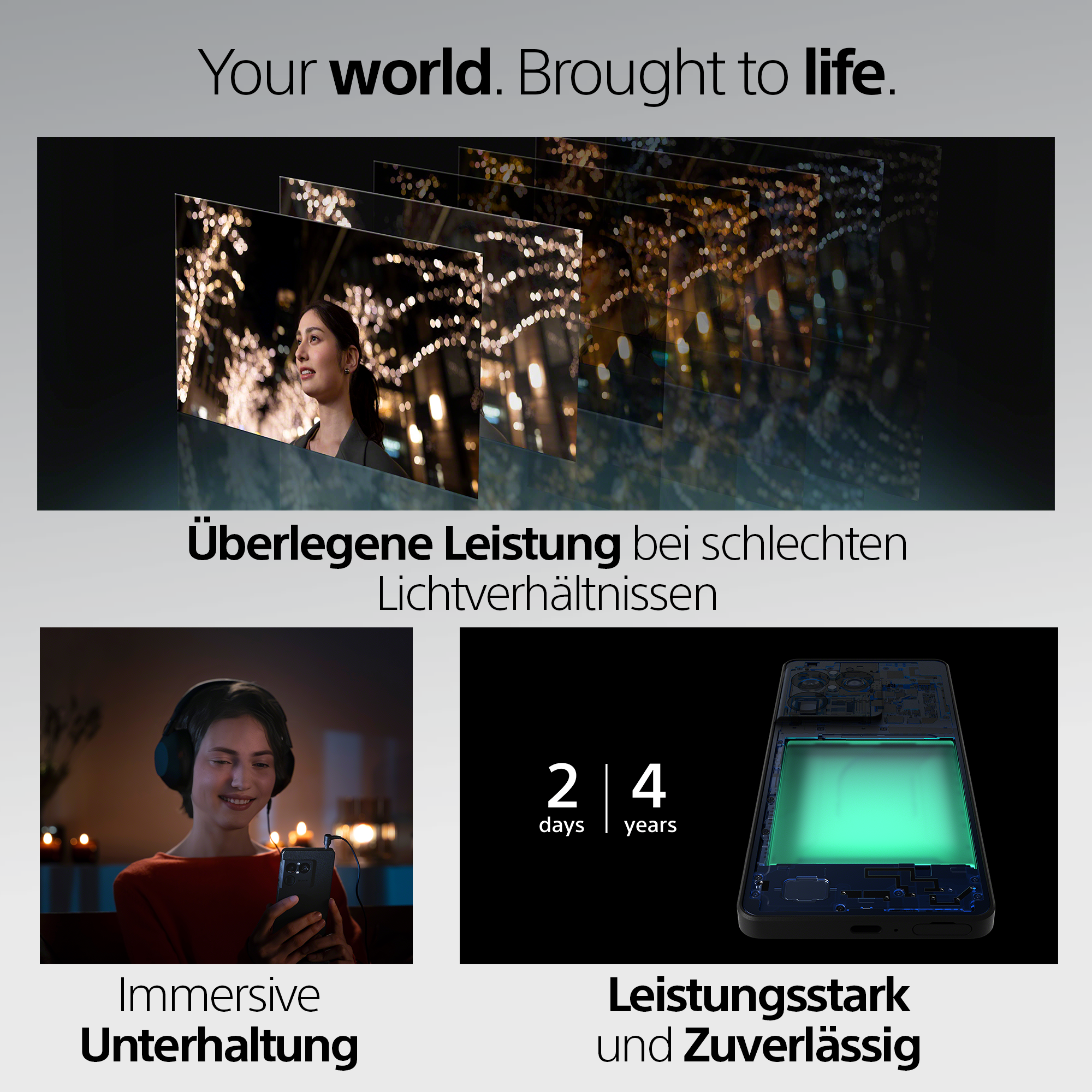 Werbung für ein Smartphone mit heller Kamera, langer Akkulaufzeit von 2 Tagen und 4 Jahren Unterstützung.