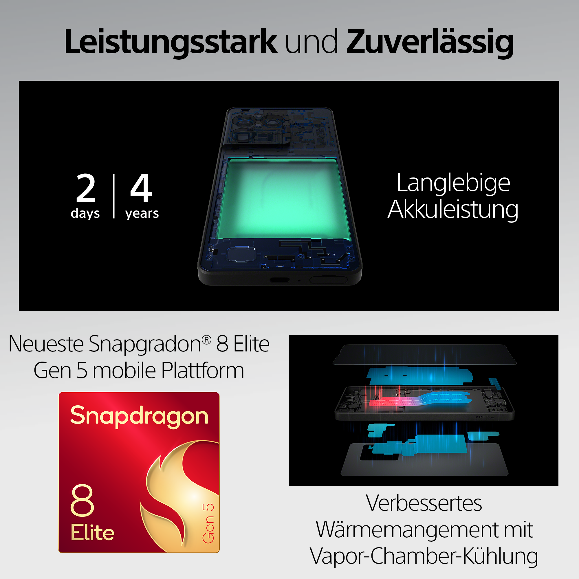 Smartphone-Promo für Snapdragon 8 Elite mit starkem Akku und Vapor-Chamber-Kühlung.