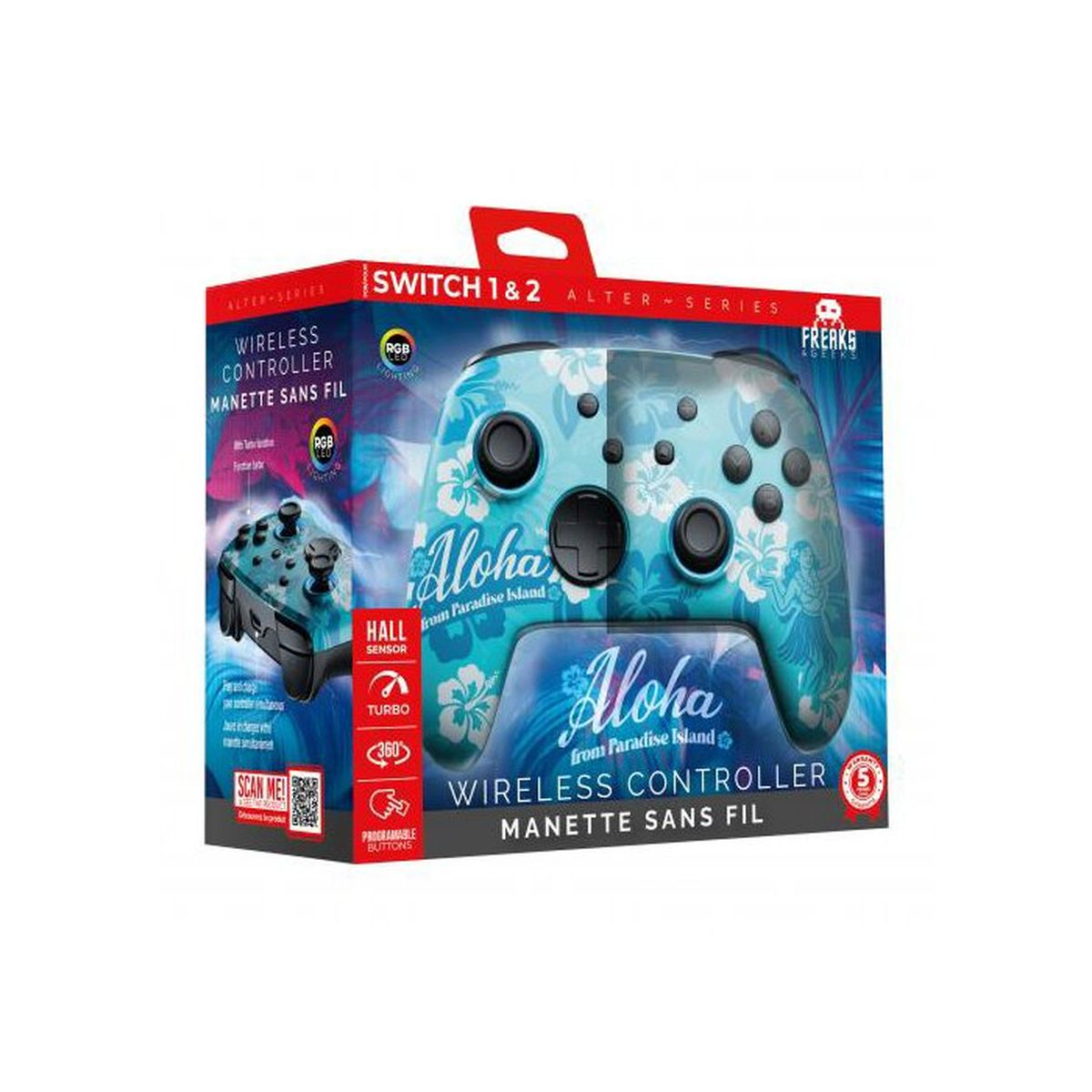 Aloha kabelloser Controller für Switch 1 und 2 in einer blau-weißen Blumenverpackung.