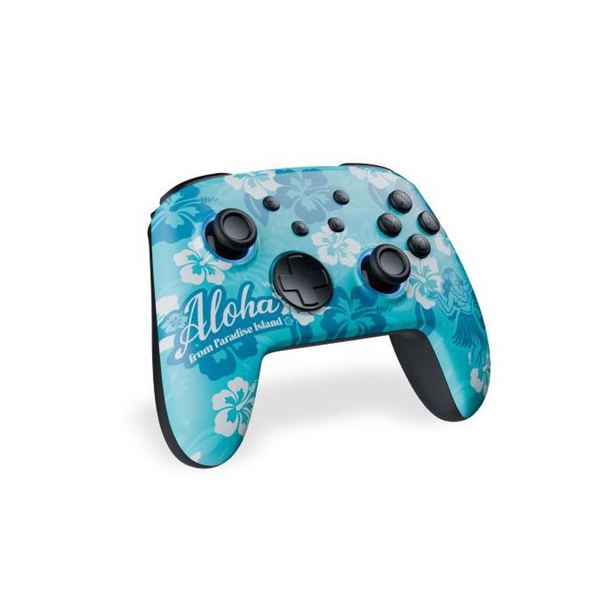 Ein blauer Gamecontroller mit weißem Blumenmuster und der Aufschrift "Aloha from Paradise Island" vor weißem Hintergrund.