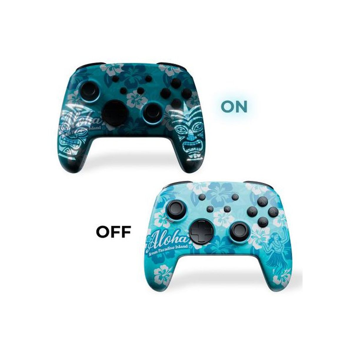 Zwei blau-weiße Hawaii-Gamepads mit Hibiskusblüten, eines leuchtet im Dunkeln als Tiki-Muster.