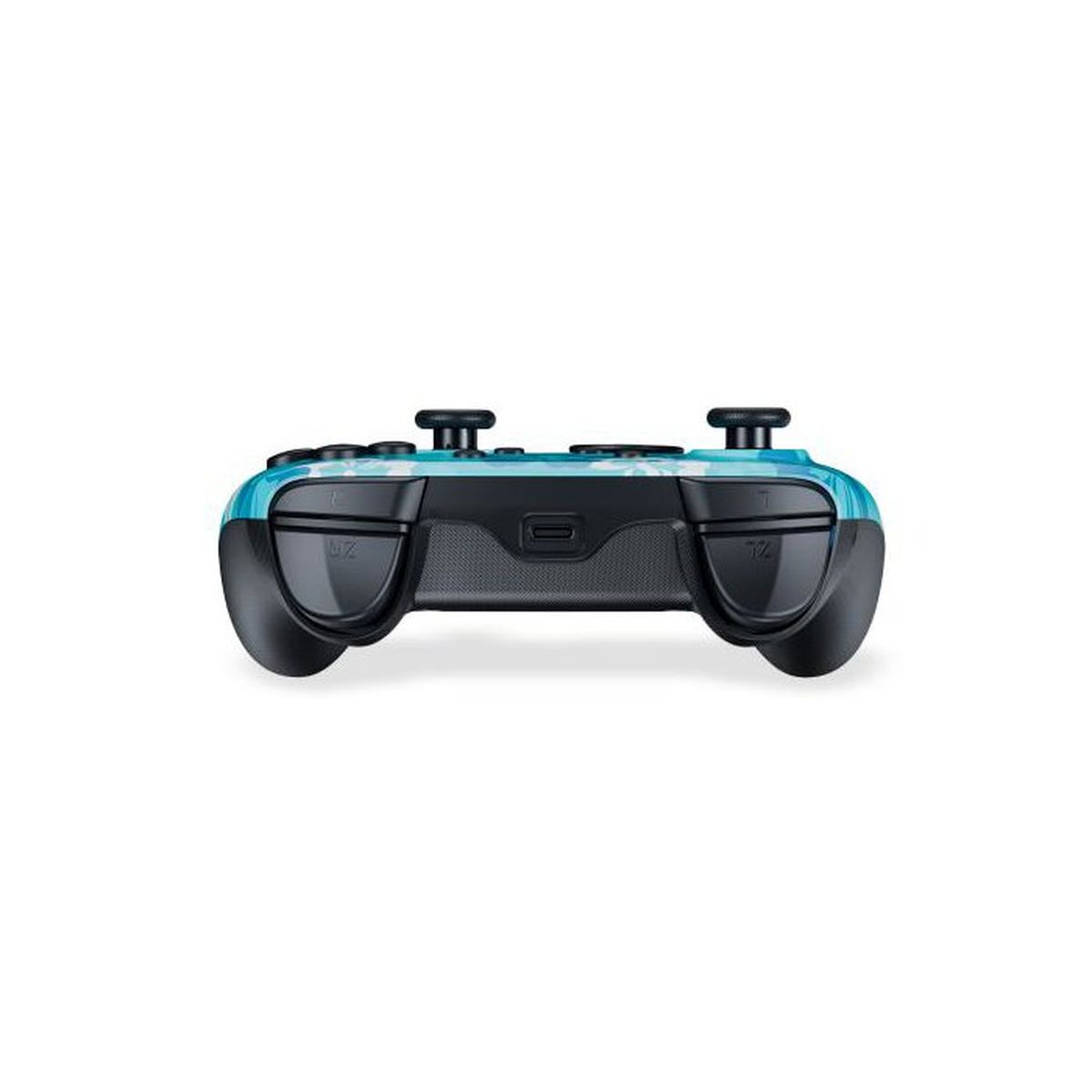 Blaue und weiße kabellose Spielekonsole mit schwarzen Tasten, von hinten auf weißem Hintergrund.