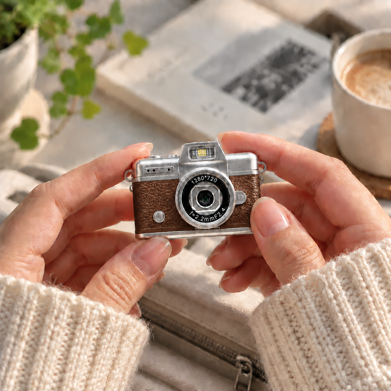 Manos con suéter blanco sostienen una cámara vintage en miniatura, con libro y taza de café al fondo.