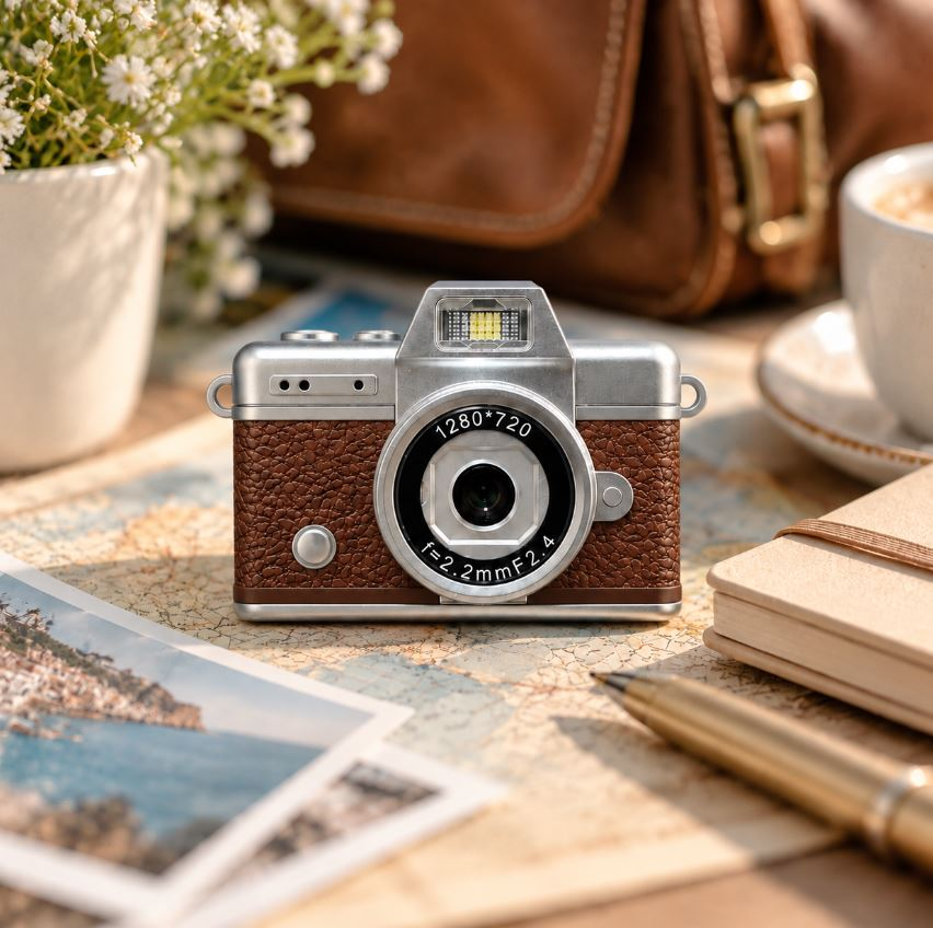 Una pequeña cámara marrón y plateada de estilo retro sobre un mapa, rodeada de fotos, una planta, una taza y un cuaderno.