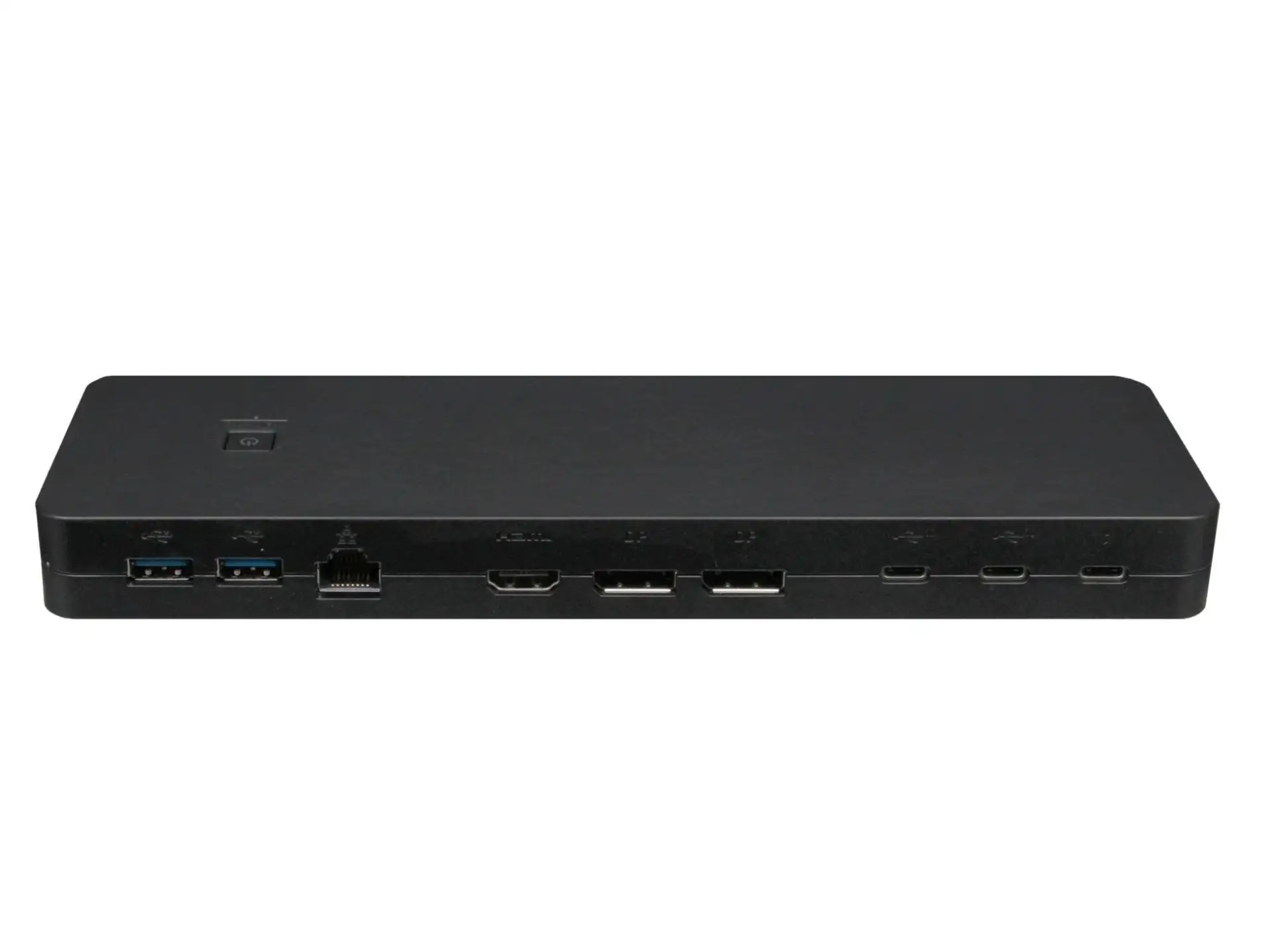 Eine schwarze USB-C-Dockingstation mit mehreren Anschlüssen auf weißem Hintergrund.
