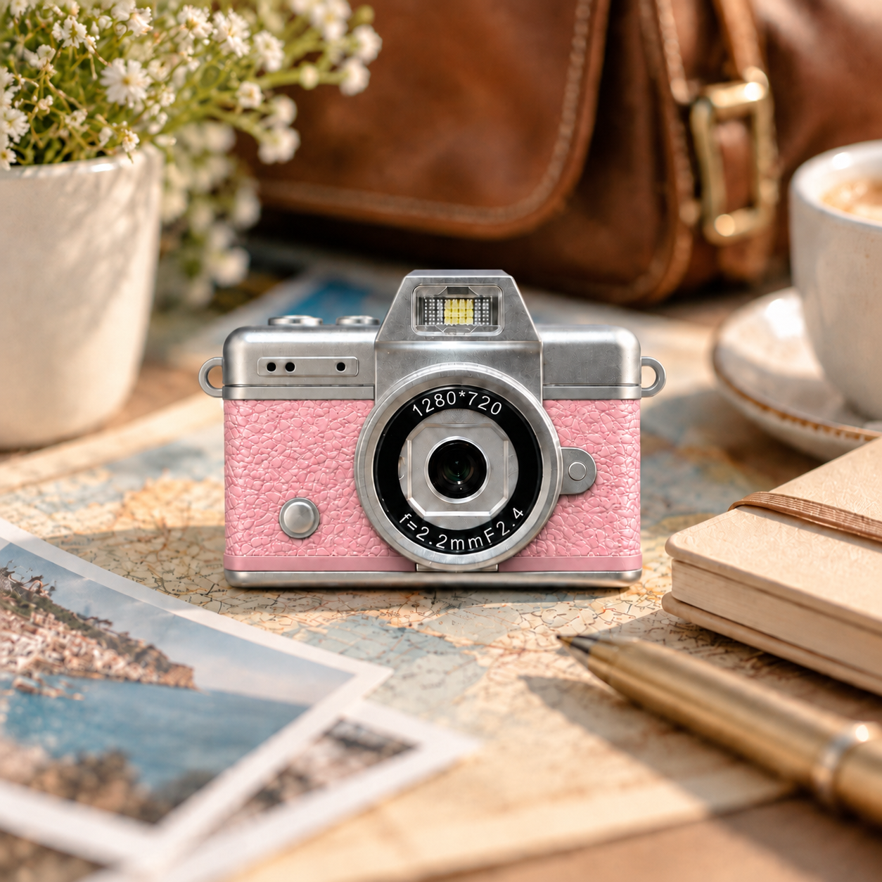 Una cámara retro rosa y plateada sobre un mapa descansa junto a fotos, una taza de café, una planta y un bolso.