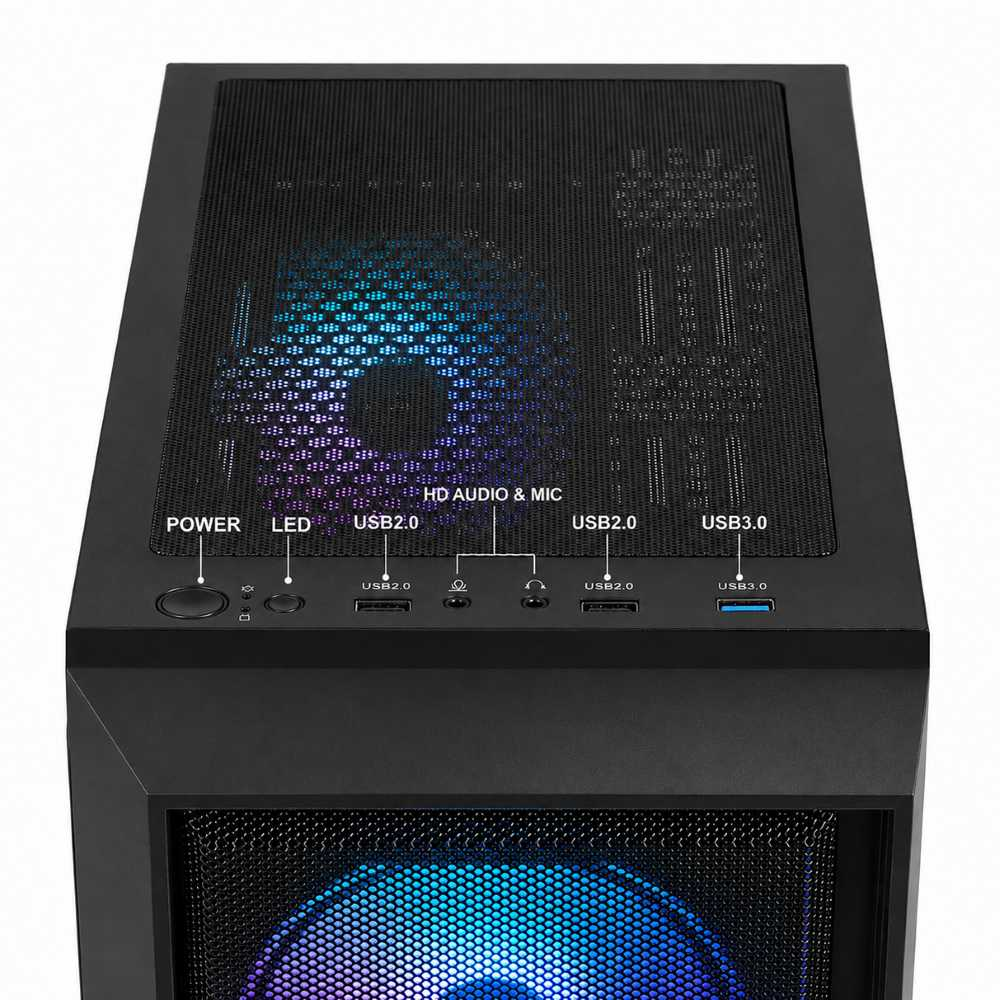 Obere Ansicht eines PC-Gehäuses mit Power-Knopf, USB-Ports und blau leuchtenden Lüftern.