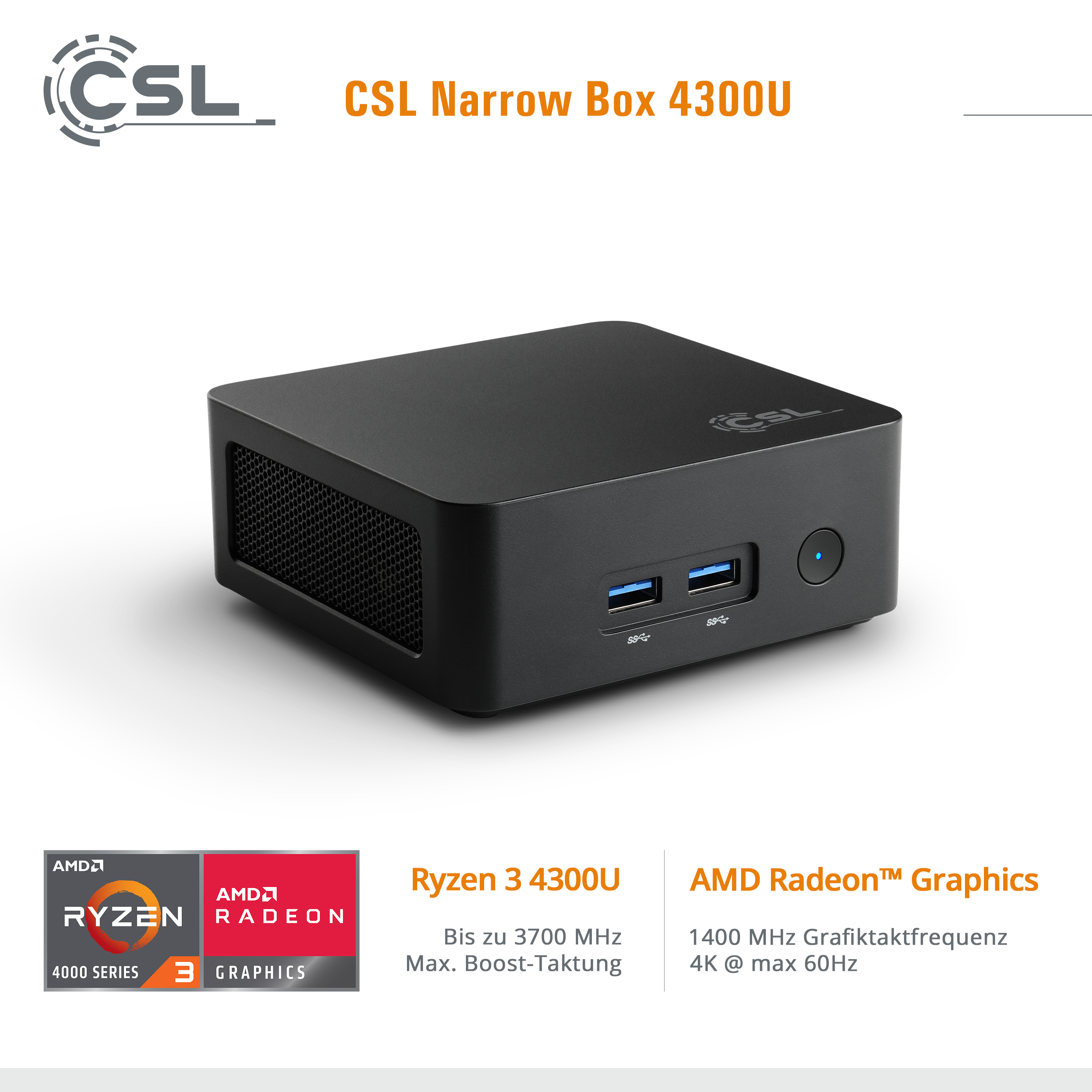 Schwarzer CSL Narrow Box 4300U Mini-PC mit AMD Ryzen 3 und Radeon Grafik auf weißem Hintergrund.