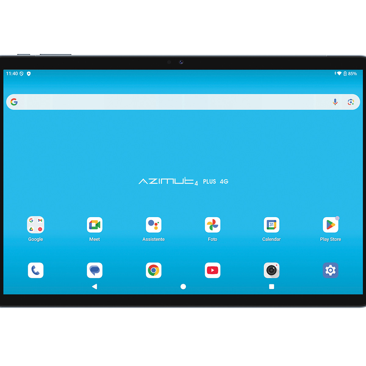Schermo di un tablet con sfondo blu, barra di ricerca in alto e icone di app disposte su due righe.