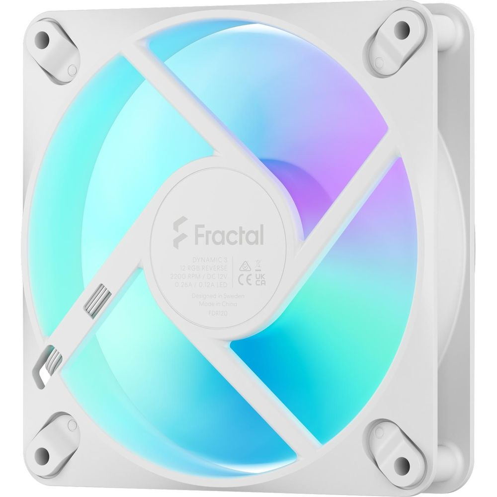 Weißer Fractal Design PC-Lüfter mit leuchtend blauen und violetten RGB-Lichtern und zentralem Logo.