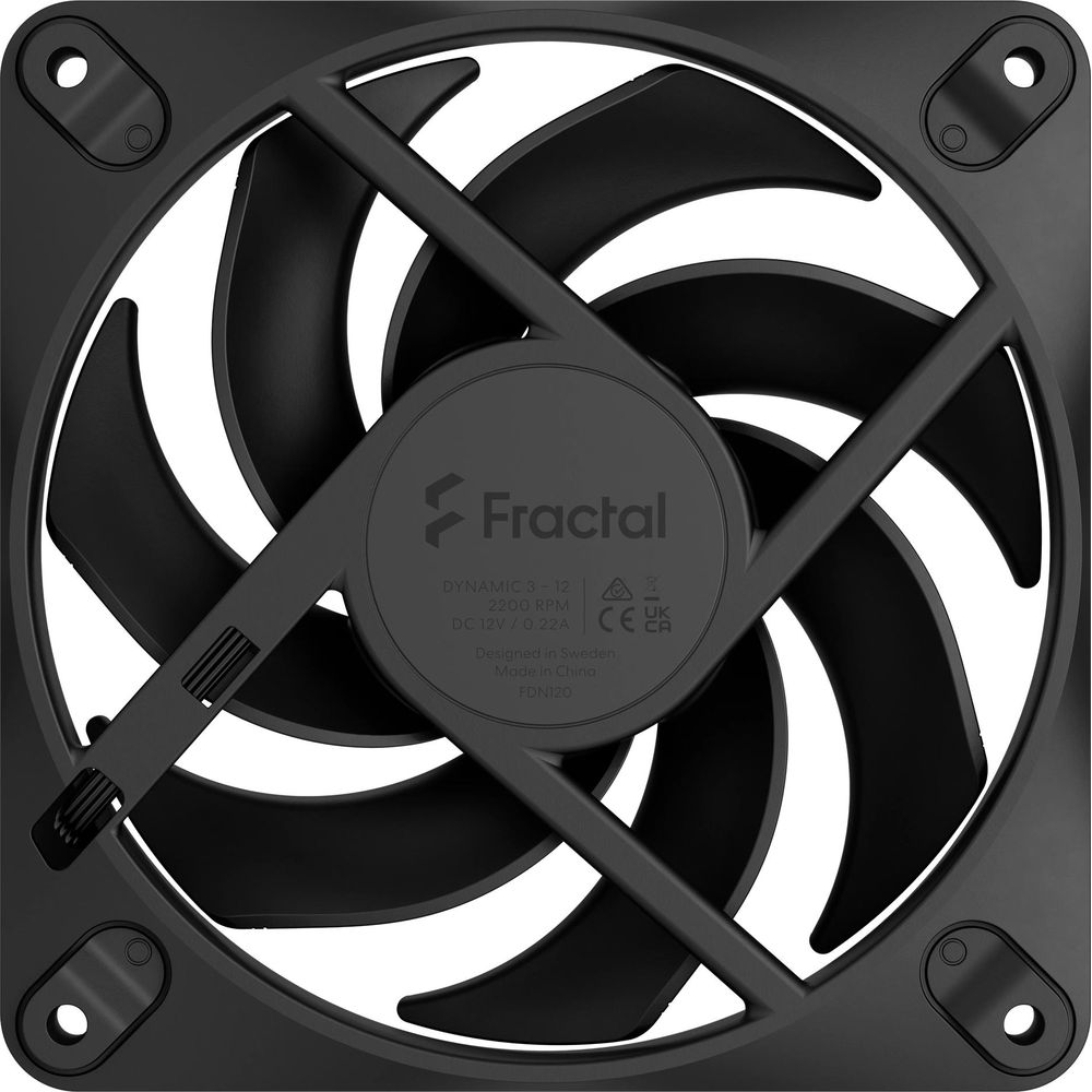 Schwarzer Fractal Design PC-Lüfter mit elf Rotorblättern und zentraler Beschriftung.