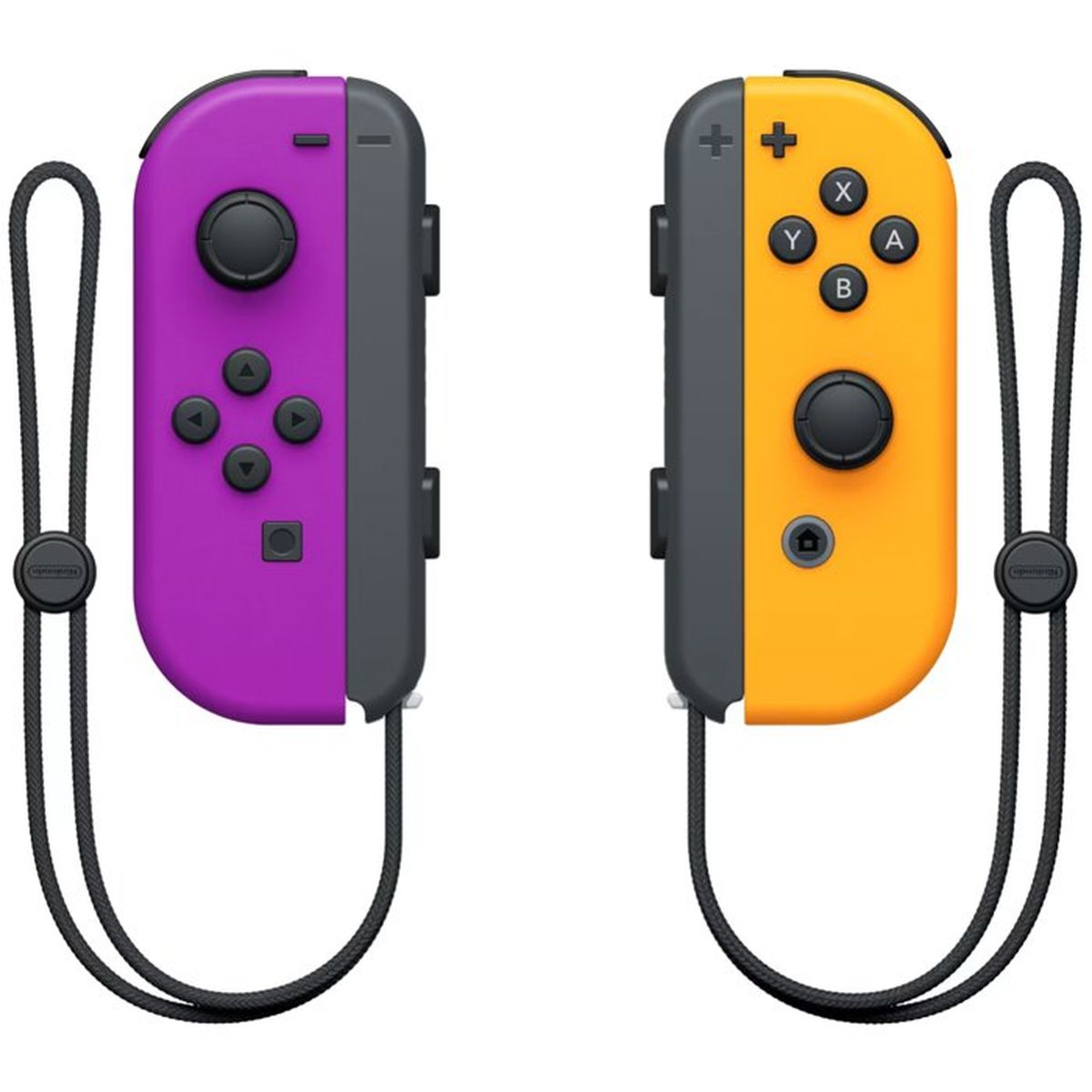 Zwei Nintendo Switch Joy-Con Controller in Lila und Gelb mit schwarzen Handgelenkschlaufen.