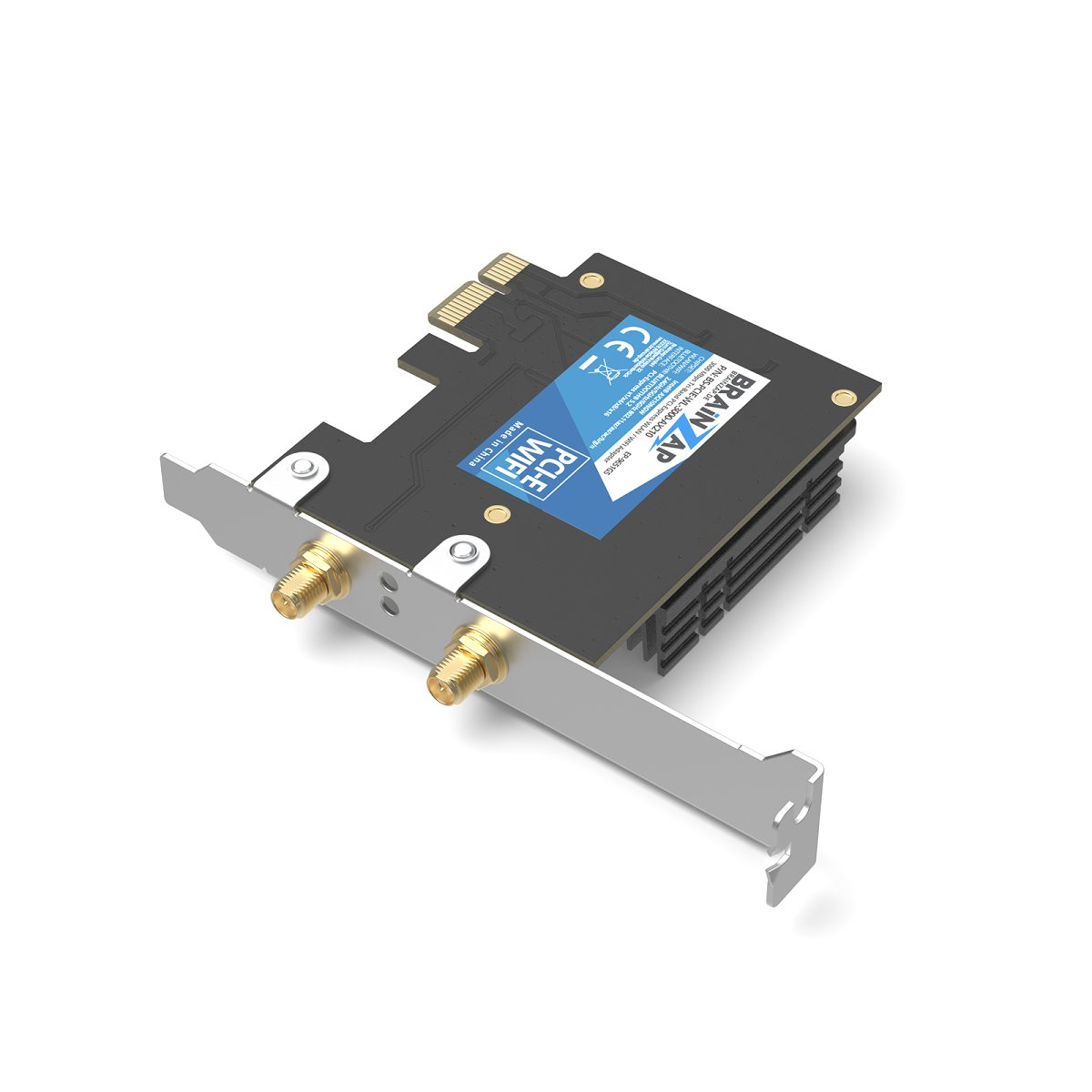 Schwarze PCIe-WLAN-Karte mit zwei goldenen Antennenanschlüssen und silberner Rückwandblende auf weißem Hintergrund.
