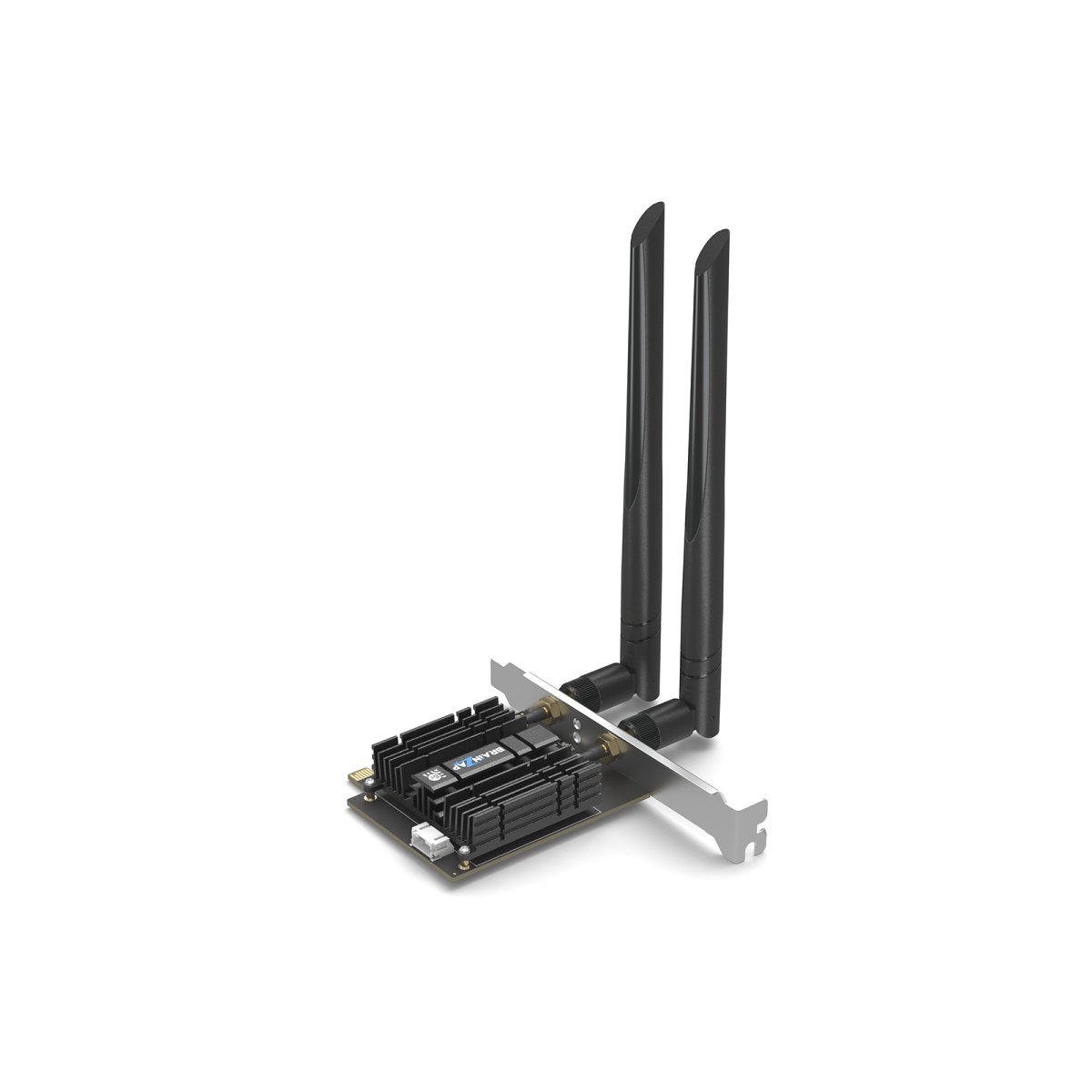 Eine PCIe-Erweiterungskarte mit Kühlkörper und zwei schwarzen aufrechten Antennen vor weißem Hintergrund.