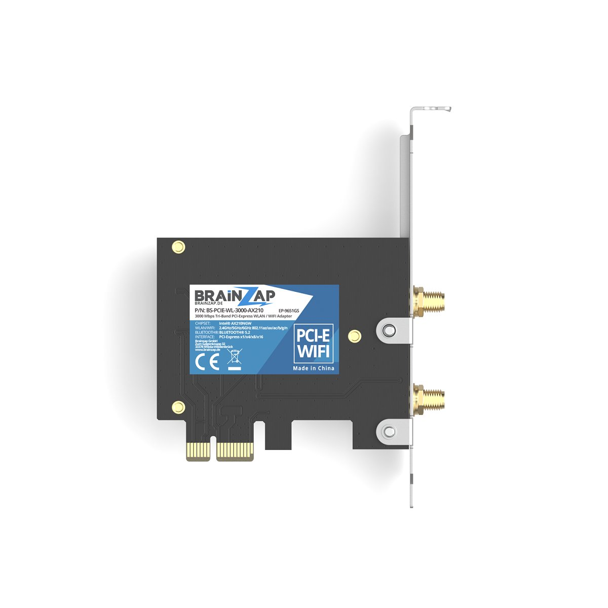 Eine schwarze PCIe-WLAN-Karte mit blauem Etikett und goldenen Antennenanschlüssen auf weißem Hintergrund.