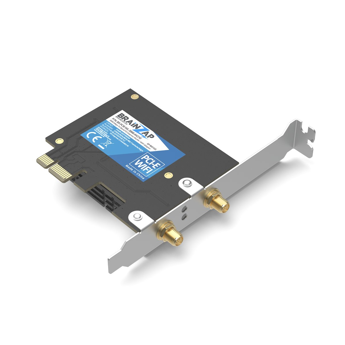 Eine schwarze PCIe-WLAN-Karte mit zwei goldenen Antennenanschlüssen und einer silbernen Metallhalterung auf weißem Grund.