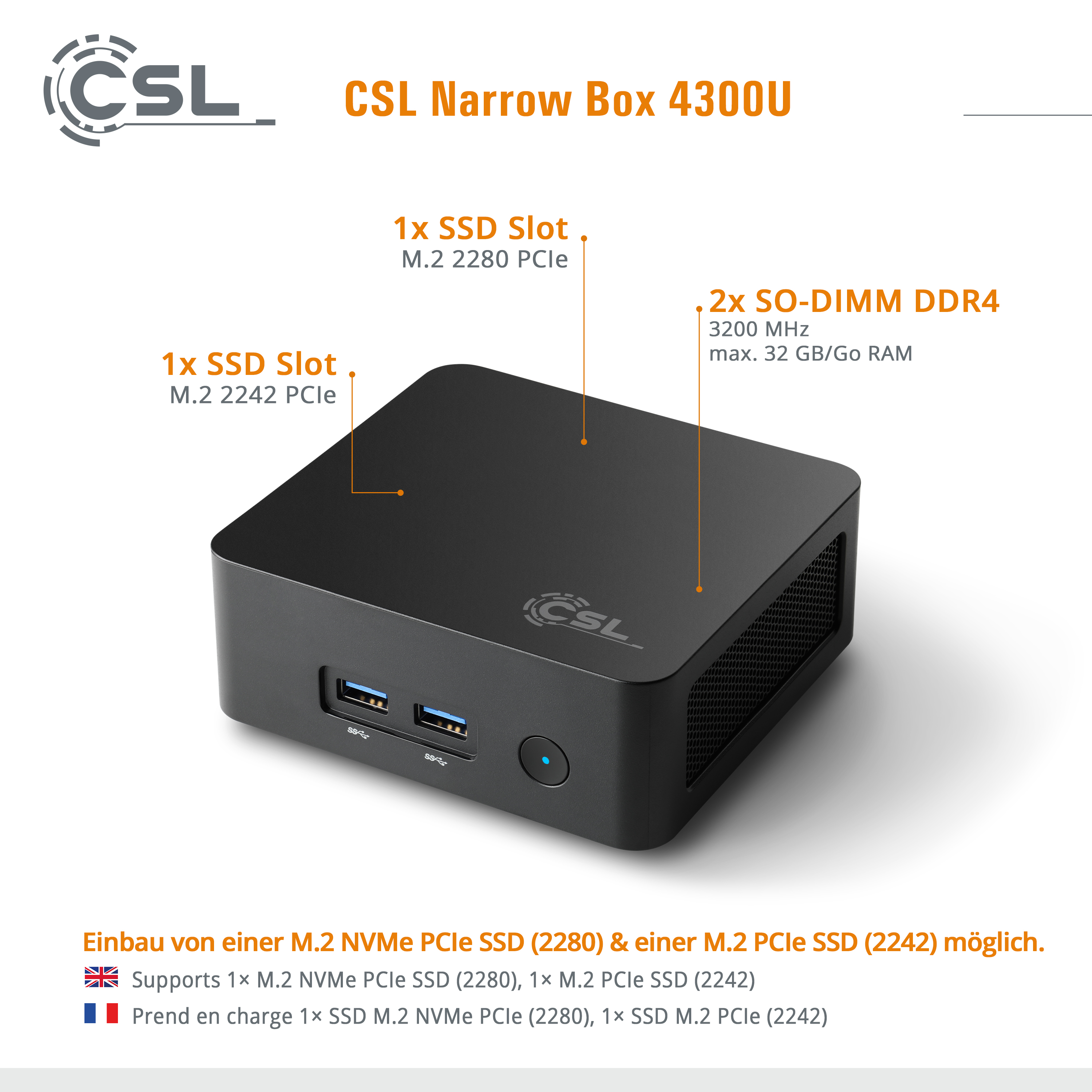 CSL Narrow Box 4300U Mini-PC mit SSD- und RAM-Steckplatz-Details.