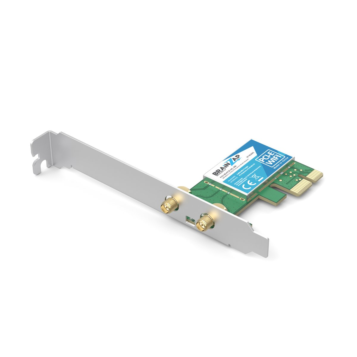 Eine grüne PCIe-WLAN-Karte mit silbernem Bracket und zwei goldenen Antennenanschlüssen auf weißeem Grund.