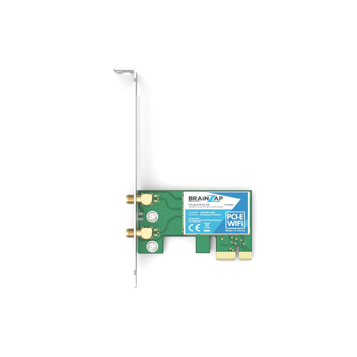 Eine grüne PCI-E WLAN-Karte mit silbernem Halteblech, Antennenanschlüssen und blauer Beschriftung auf weißem Hintergrund.