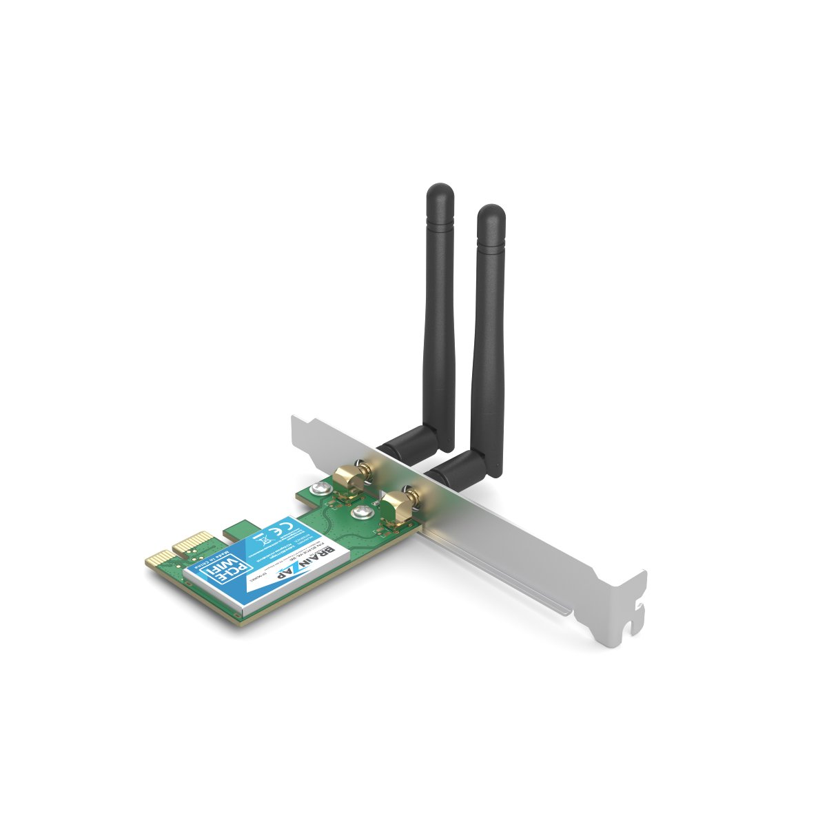 Eine grüne PCIe-WLAN-Karte mit zwei schwarzen Antennen und einer Metallhalterung auf weißem Hintergrund.